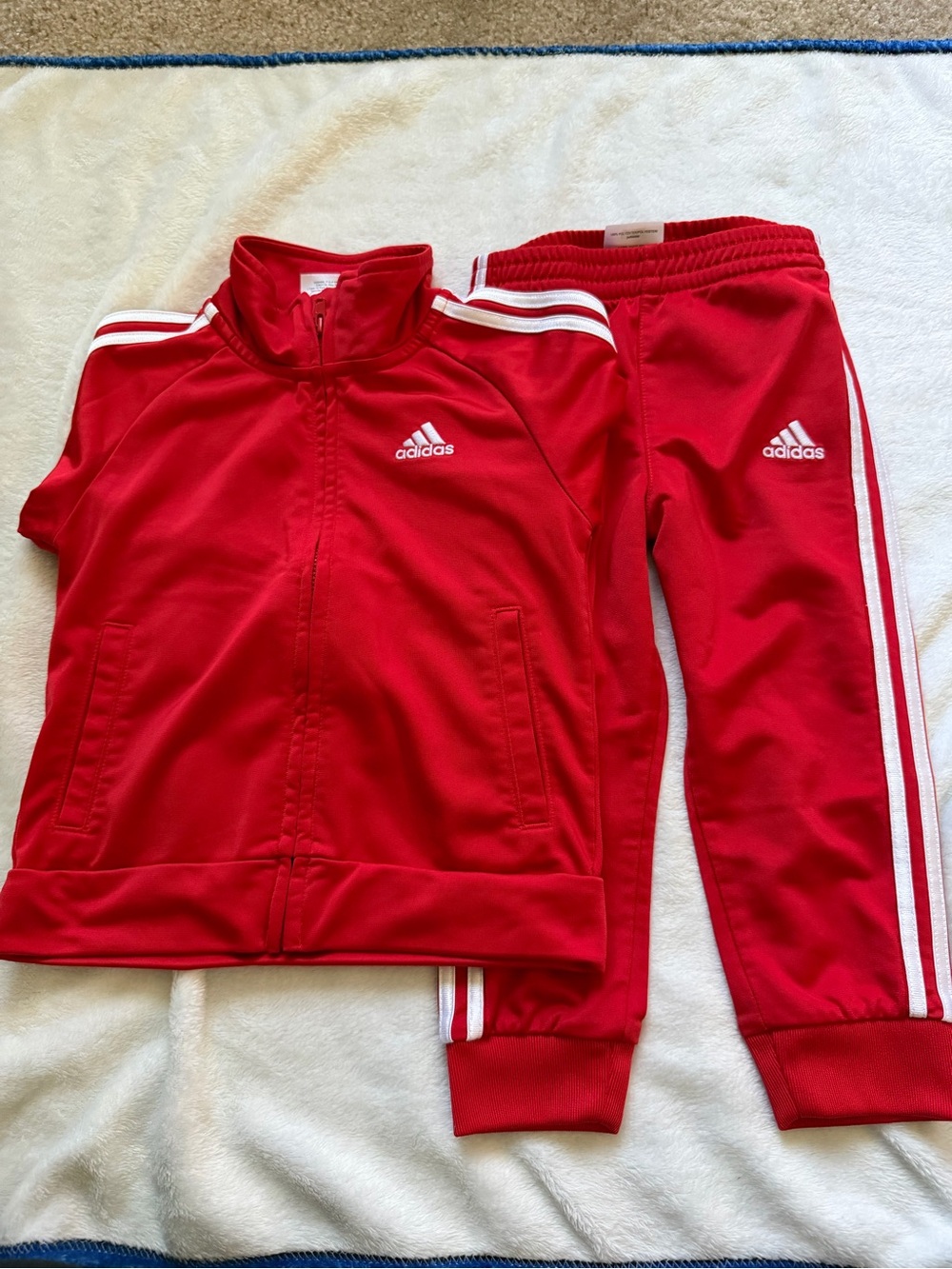 adidas Kids Red Track Jacket & Joggers Set with White Stripes